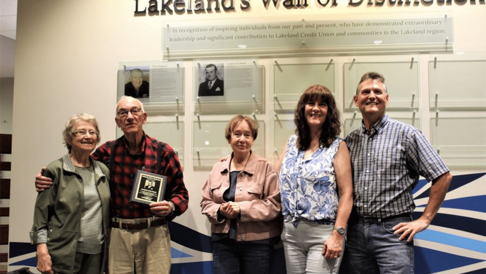 Family of Josephat Hamel L to R: Daughter-in-law Fleurette Hamel (Laurier); Son Joffre Hamel and his wife Janis Hamel; Granddaughter Rachelle (Hamel) Lansky (second child of Raymond Hamel); Greg Hamel (oldest son of Gaston Hamel, proprietor of Hamel's Meats Cold Lake).